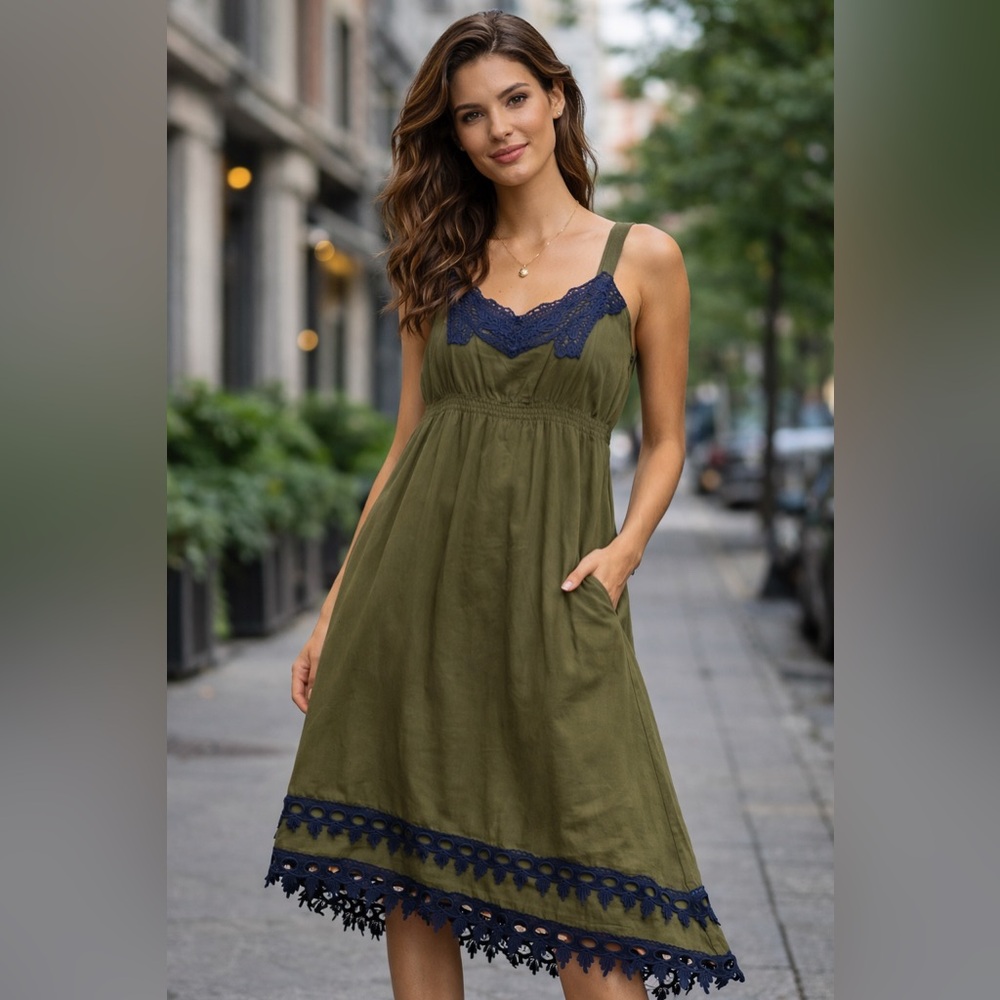 Matilda Jane Olive Sundress Navy Lace Trim Adjustable Straps